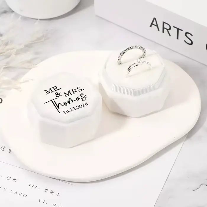 Boîte à bagues de mariage personnalisée, boîte à bagues en velours blanc, boîte à bagues doubles, boîte à bagues octogonale, boîte à bagues pour proposition de fiançailles