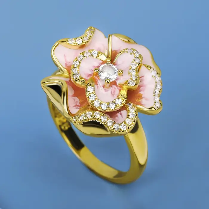 Bague classique en argent et Zircon pour femme, anneau en émail rose, fleur dorée, bijoux de mariée 