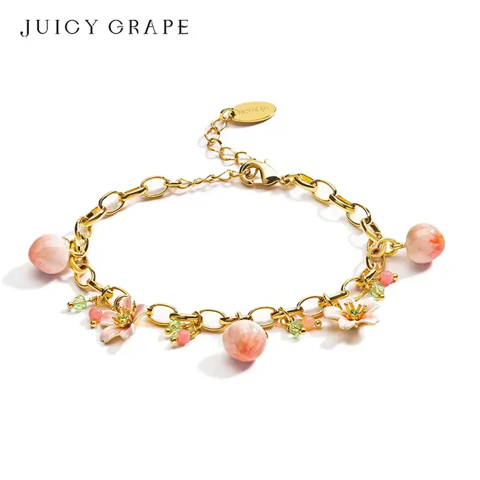 JUICY GRAPE-Bracelet Pêche pour Femme, Bijoux Originaux, Doux et Mignon, Fruit Pêche et Fleur de Pêcher, Style Français, Été