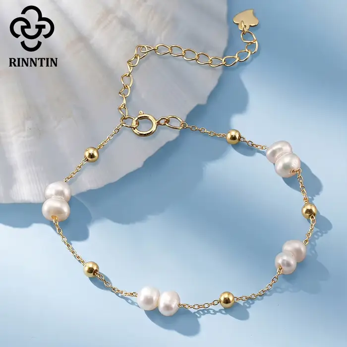 Bracelet chaîne de perles en or 14 carats et argent sterling 925 Rinntin Rerto, bracelet de perles pour femme, bijoux de fête GPB40