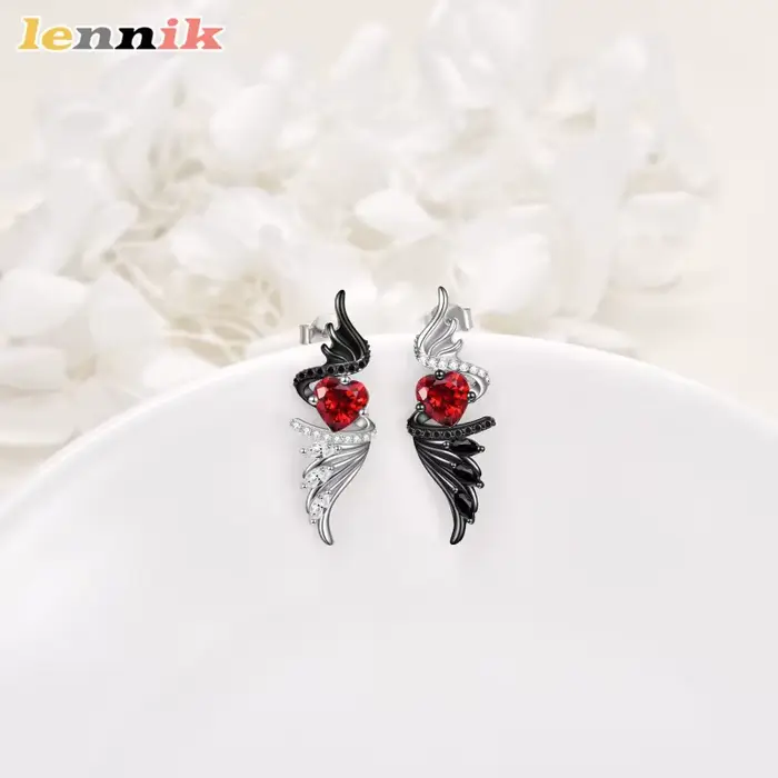 Boucles d'oreilles à ailes gothiques, clous de démon d'ange avec cœur de rubis rouge, bijoux en strass transfrontaliers, cadeau de bijoux de mode de Festival gothique