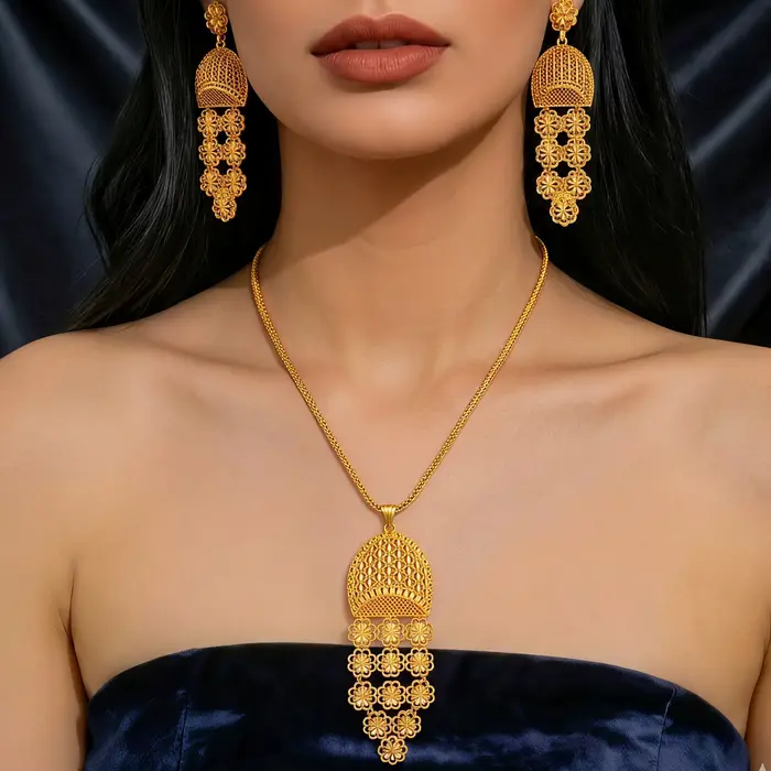Ensemble de bijoux plaqué or africain, collier long et boucles d'oreilles pour femmes, style Dubai, Inde, Nigéria, pour mariage, fête ou cadeau