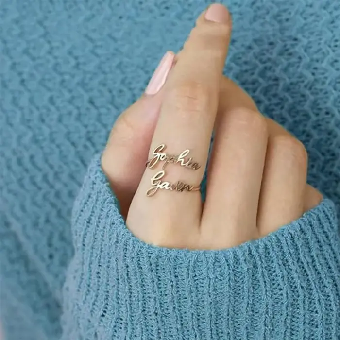 Bague personnalisable à double nom en acier inoxydable, réglable, bijoux pour couple et famille, pour hommes et femmes, cadeau personnalisé unique