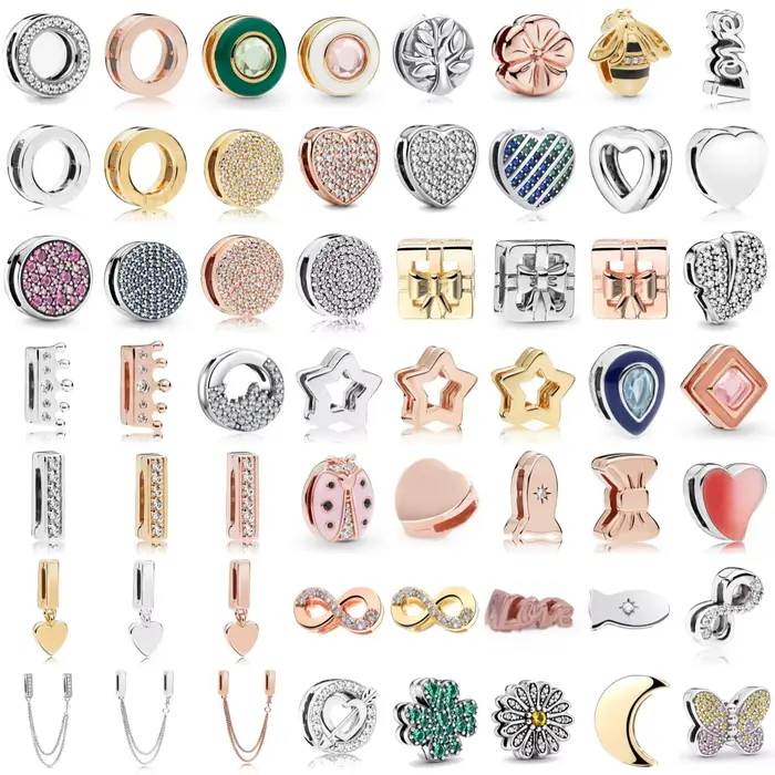 Argent 925 pavé réflexions fermoir étincelant Bracelet ajustement Clip breloques bijoux à bricoler soi-même cadeau coeur forme ronde trèfle à quatre feuilles charme