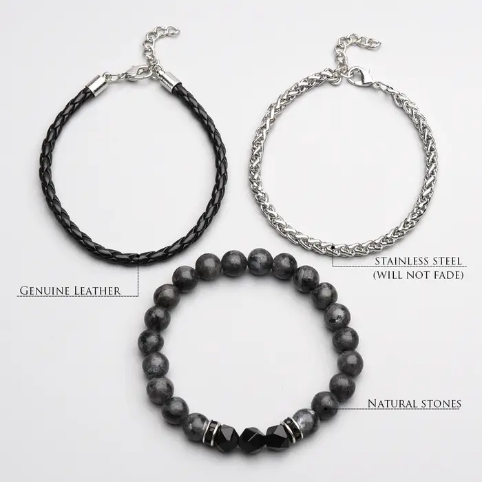 Ensemble de 3 bracelets en cuir véritable et chaîne en acier inoxydable
