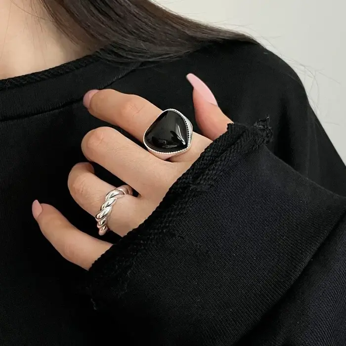 BF CLUB 925 bagues Sterling pour femmes grand coeur noir mode géométrique Vintage fait à la main bague irrégulière cadeaux de fête
