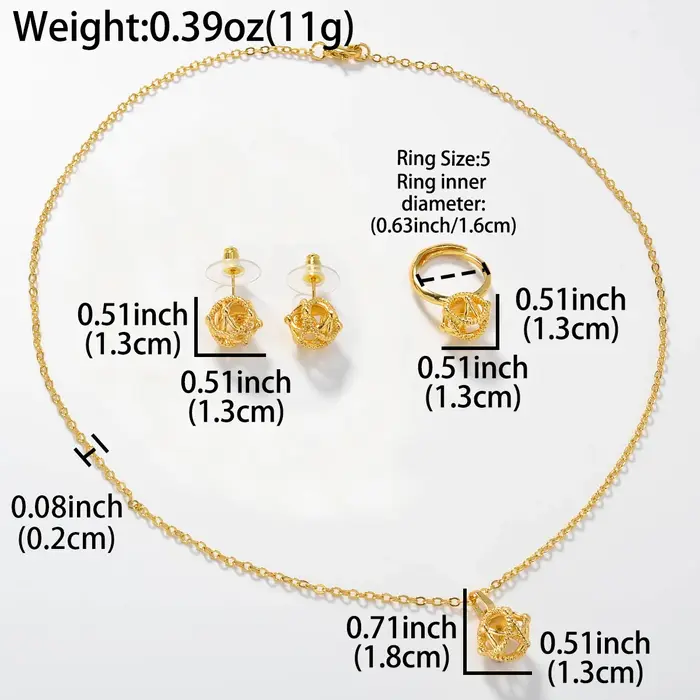 Ensemble de bijoux en cuivre doré avec collier, boucles d'oreilles et bague pour femmes et hommes occasions spéciales