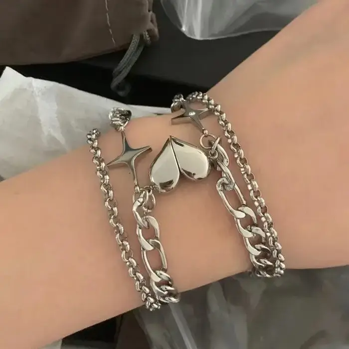 Mode argent couleur amour coeur aimant boucle Couple Bracelets pour femme