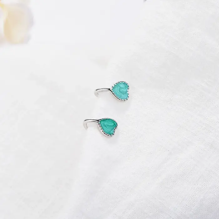Boucle d'oreille clip coeur en argent 925 pour enfants, rose, vert, émail, jolie boucle d'oreille po