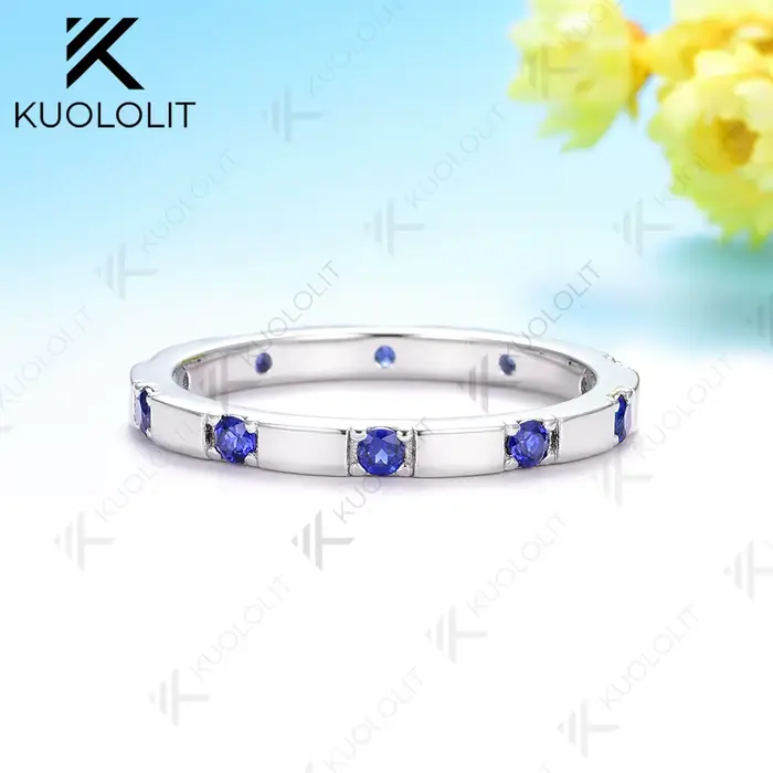 Kuololit 0.3CTW Lab Grown Blue Sapphire Band pour hommes femmes solide 18K 14K 10K or blanc bague de