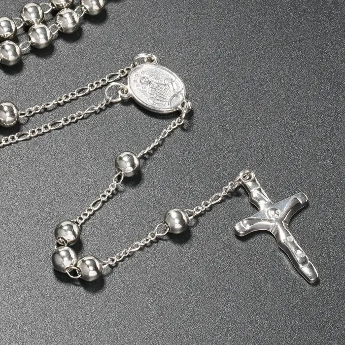 Chapelet catholique pendentif colliers pour femmes 6MM perles chaîne Crucifix croix Long collier hommes religieux Praye bijoux