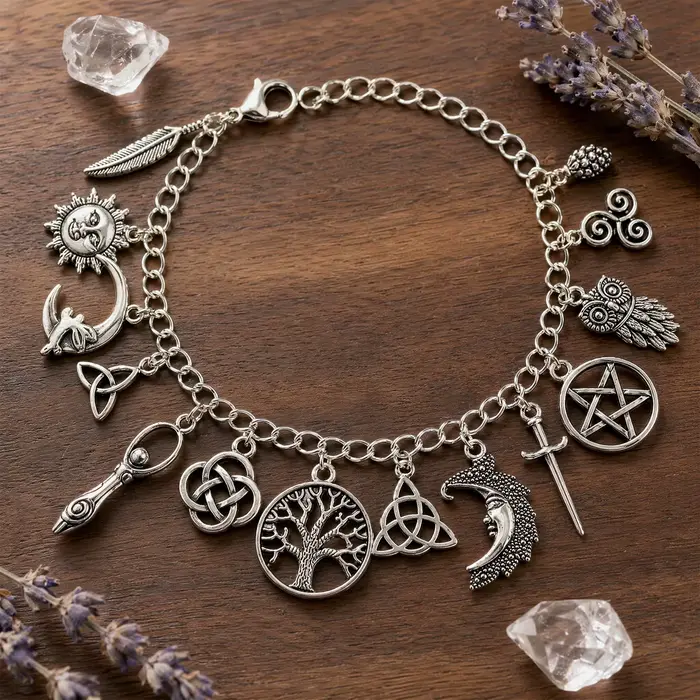Bracelet porte-bonheur sorcière avec 7 breloques symboliques, bijoux gothiques célestes, taille ajus