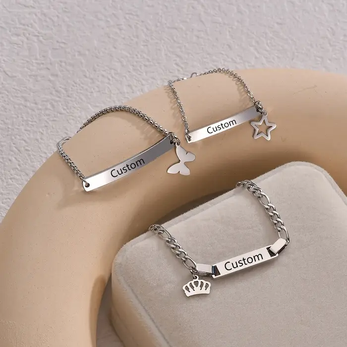 Bluelory personnalisé bébé nom Bracelet en acier inoxydable coeur étoile couronne papillon