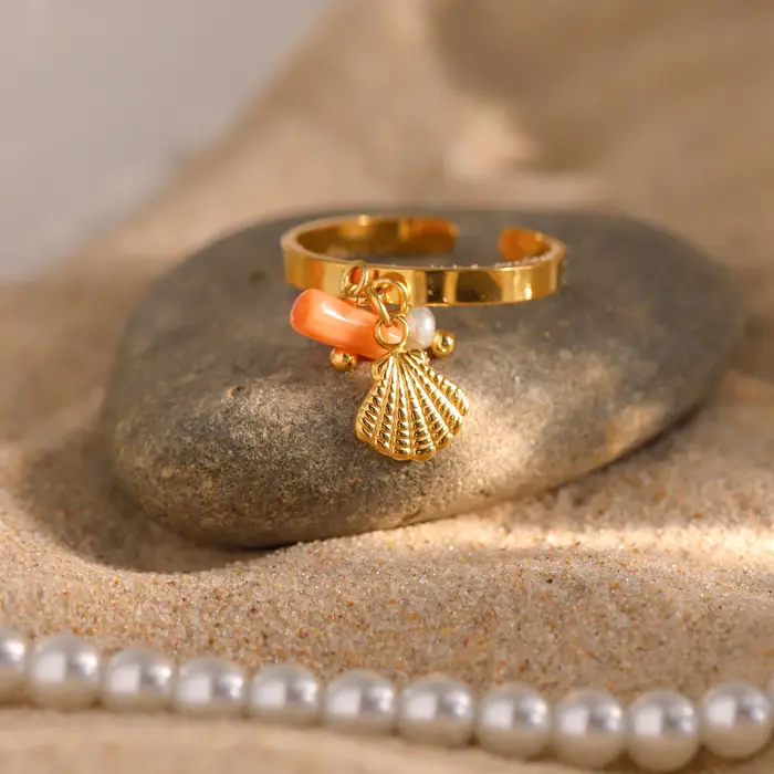 Bague pendentif en coquillage de style océan pour femmes plaqué or 18 carats bijoux d'été modernes tracker d'humeur élégants pour parties