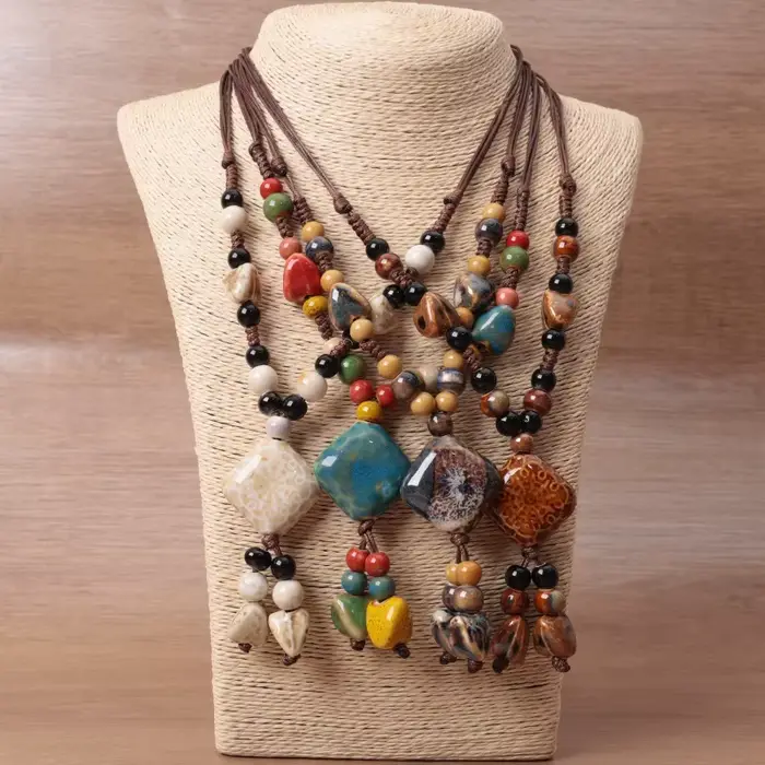 Collier en céramique artistique rétro polyvalent pour femmes, longue chaîne de pull géométrique bohème, accessoire Simple et élégant, parfait