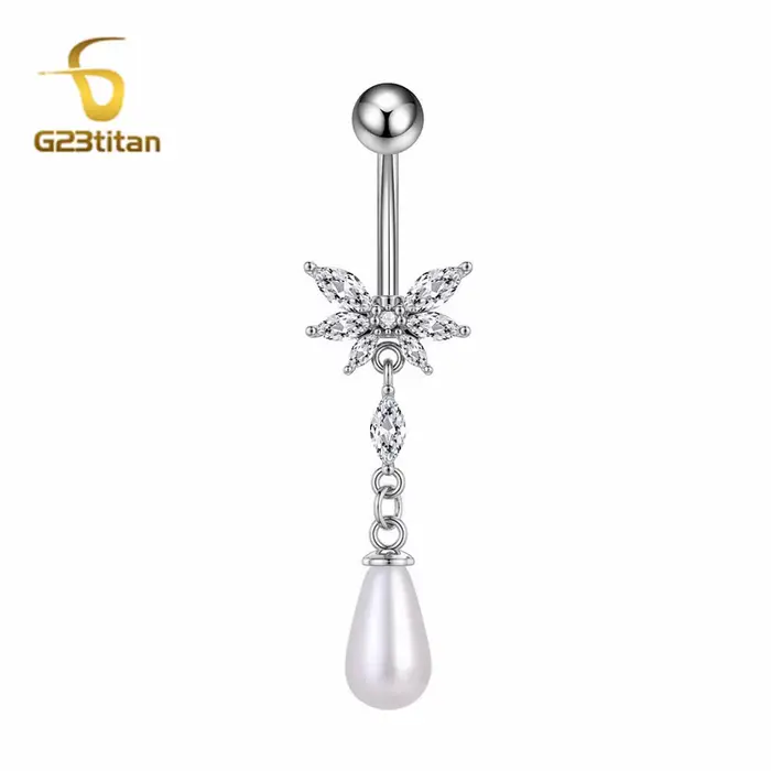 Anneau de nombril incurvé en titane, 1.6mm, 14G, longue perle pendante, couleur argent, Zircon CZ, b