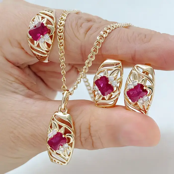 Kinel Trend – ensemble de bijoux en Zircon naturel rouge pour femme, bague, boucles d'oreilles, coll