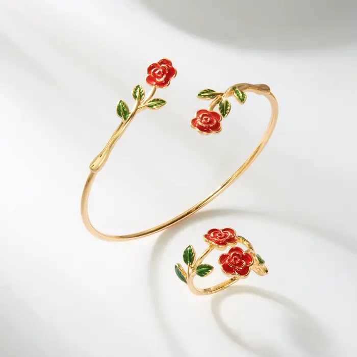 Ensemble bracelet et bague fleur de camélia vintage pour femme, couleur or, manchette ouverte réglab