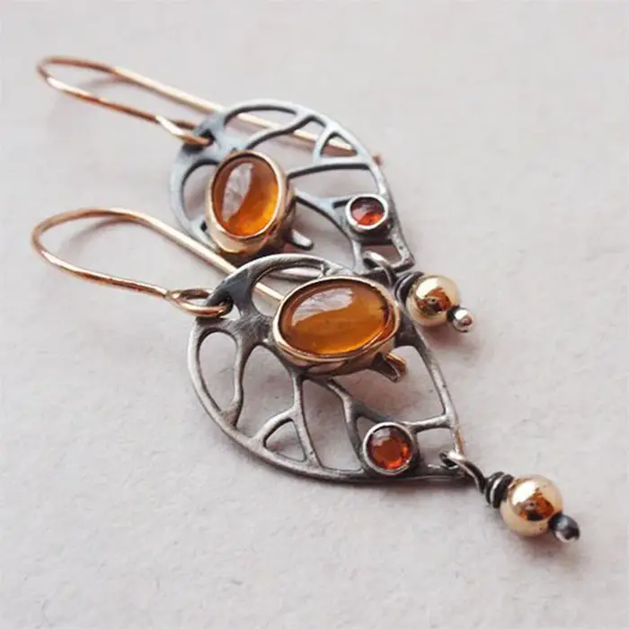 Boucles d'oreilles rétro gitane Old Prairie pour femme, plaqué argent, métal creux, orange, pierre j