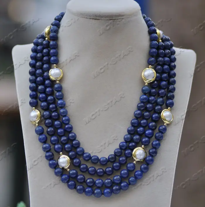 Collier Lapis Lazuli Perle Blanche, 4 Nucleo20 ", 14mm, Z11667