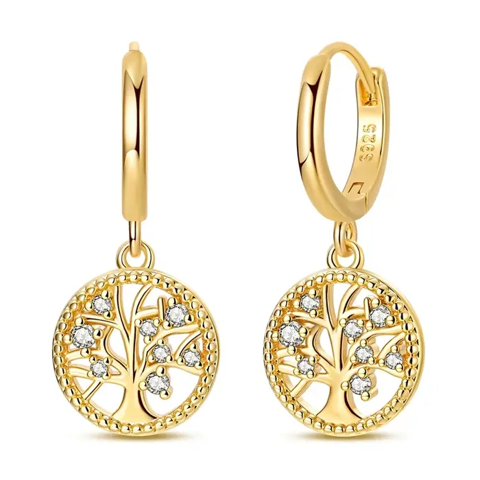 Boucles d'oreilles arbre de vie doré en argent Sterling 925 pour femmes, clous d'oreilles en Zircon 