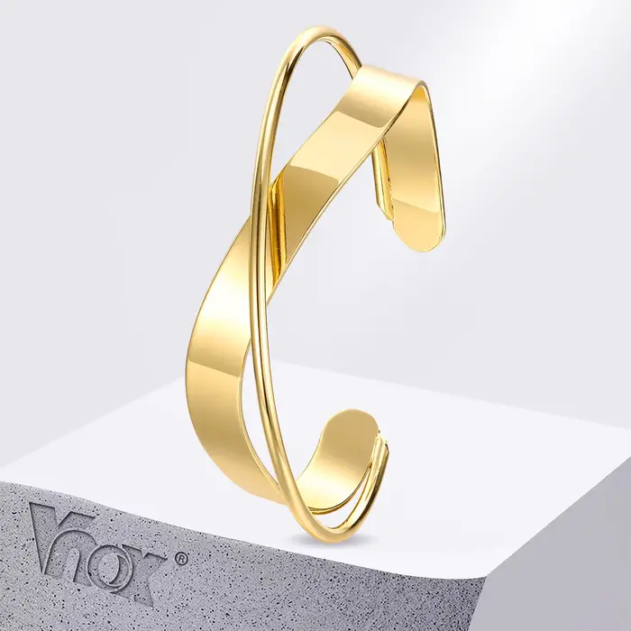 Vnox-Bracelets de manchette élégants pour femmes, gros bracelets ouverts en métal plaqué or, bracelet de manchette large poli