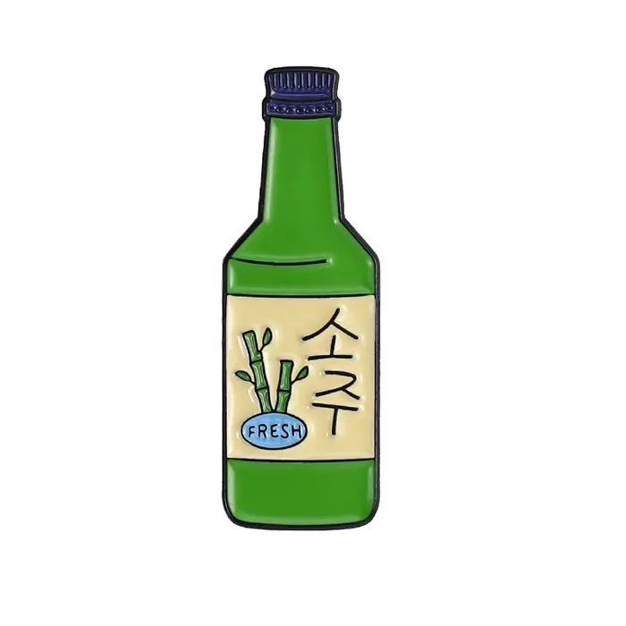Soju – broche en émail, Badge de vin, pêche, rose frais, vert, bouteille, épingle à revers, joli sac