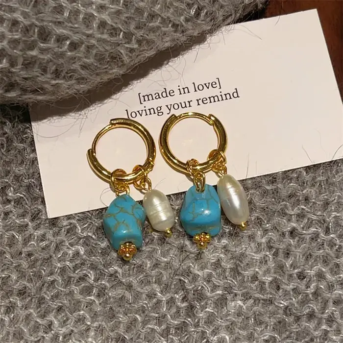 Boucles d'oreilles longues Vintage Turquoise naturelle pour femmes, nouveau tempérament, or 18 carat