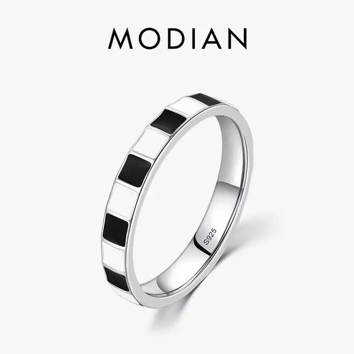 Modian 925 en argent Sterling minimaliste noir et blanc grille émail bague à la mode pour les femmes