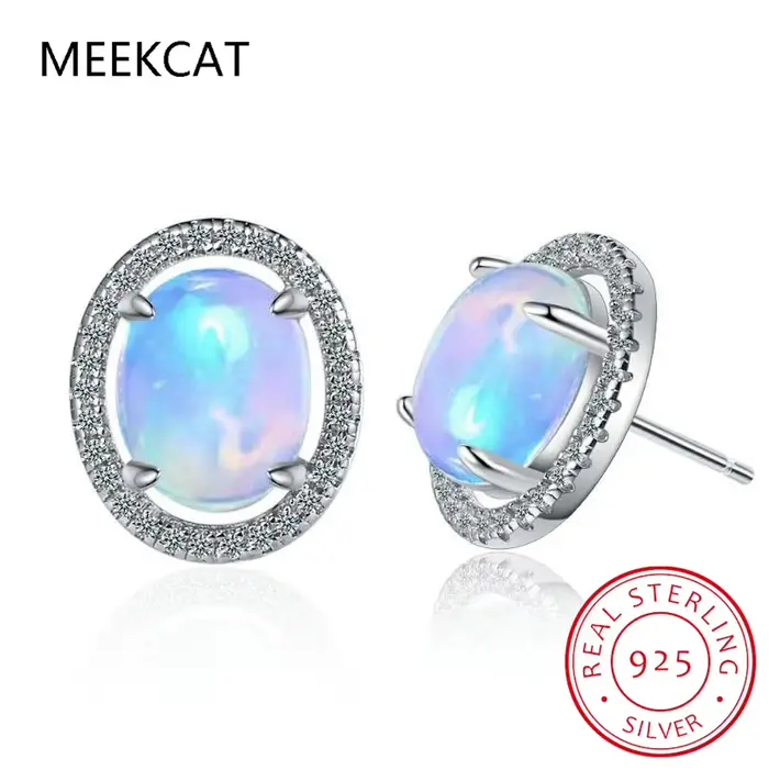 Boucles d'oreilles ovales en pierre opale naturelle pour femmes, en argent Sterling 925, Vintage, pi