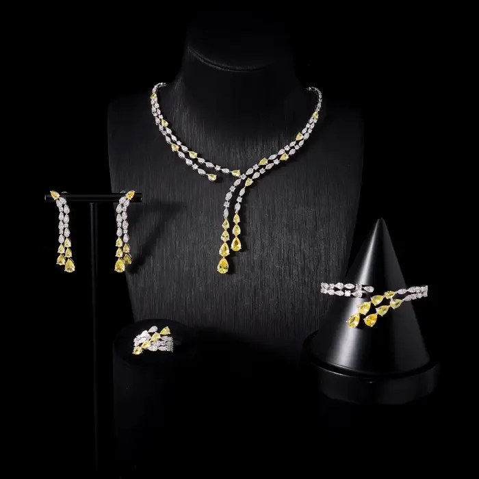 Ensemble de bijoux de luxe en zircone cubique taille poire 00121, 4 pièces pour mariée : collier, bo