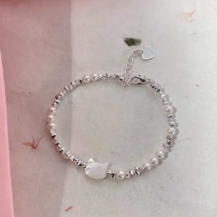 Bracelet en argent regardé 925 pour femme, chat, chaton, perles mignonnes, punk, géométrique, mode f