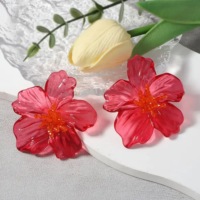 Boucles d'oreilles à fleurs transparentes en acrylique coloré pour femmes, grandes fleurs exagérées,