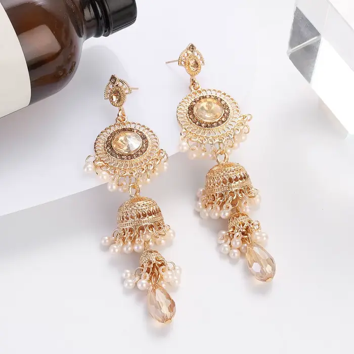 Boucles d'oreilles ethniques de luxe pour femmes, couleur or, Jhumka, Vintage, rondes, longues, pendantes, bijoux de mariage, 2023