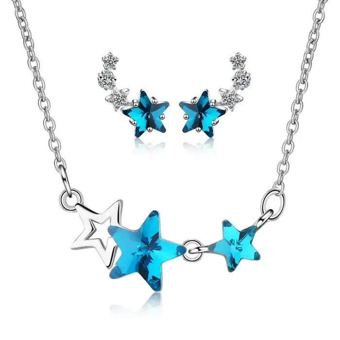 Ensemble de bijoux en argent regardé S925 pour femmes, boucles d'oreilles à tige en cristal étoile b