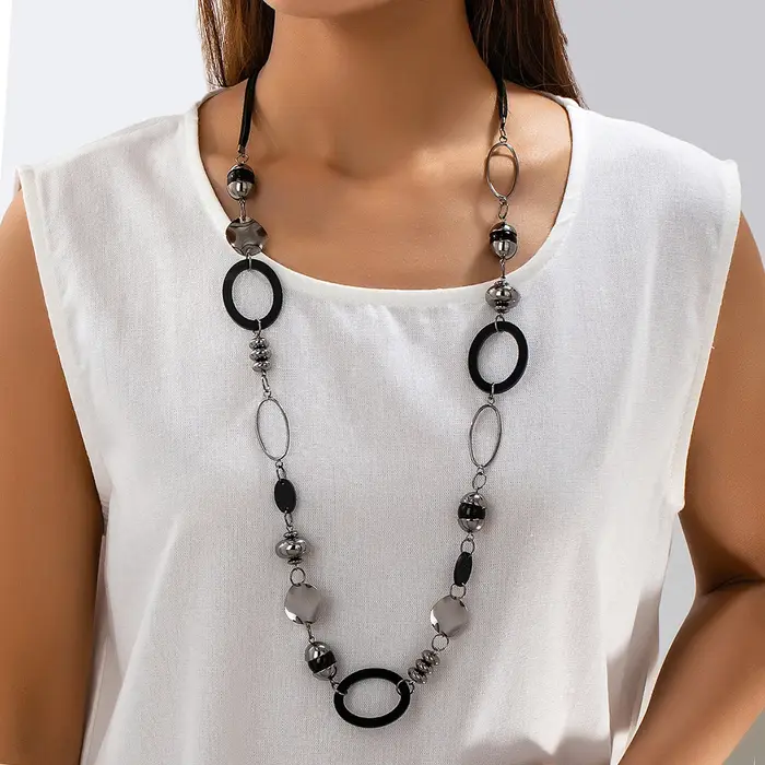 Long collier géométrique noir argent, Design d'épissure rétro Cool, superposition de trajet, accesso
