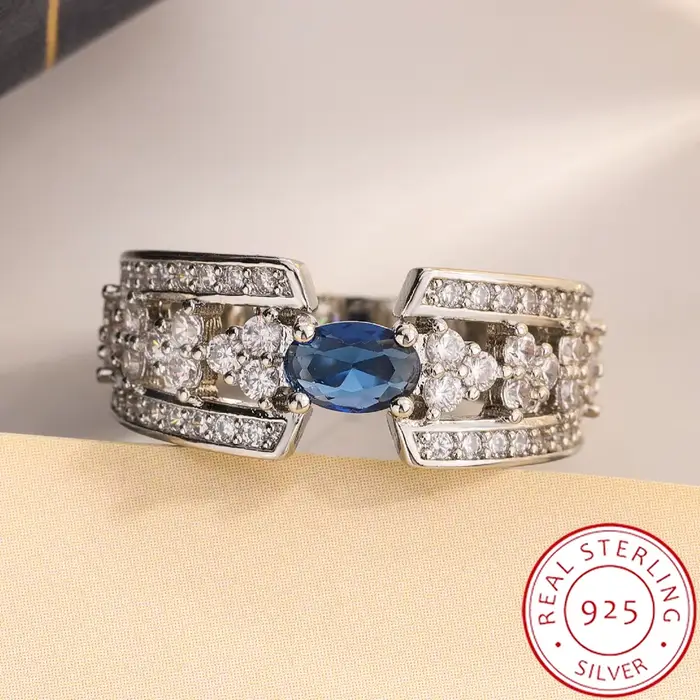 Bague en argent S925 de haute qualité pour femmes, grande pierre bleue, diamant, pierres précieuses,