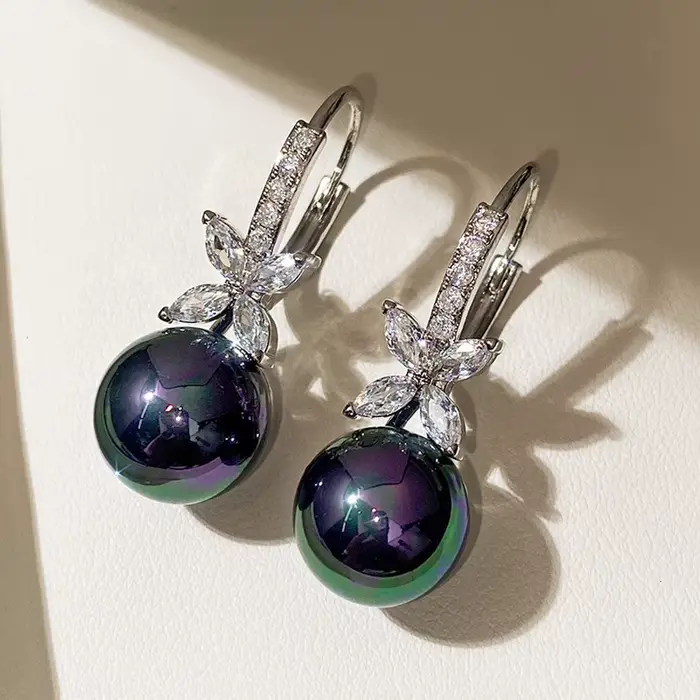 Boucles d'oreilles de luxe en perles noires/violetes pour femmes, en argent Sterling 925 massif, Cub