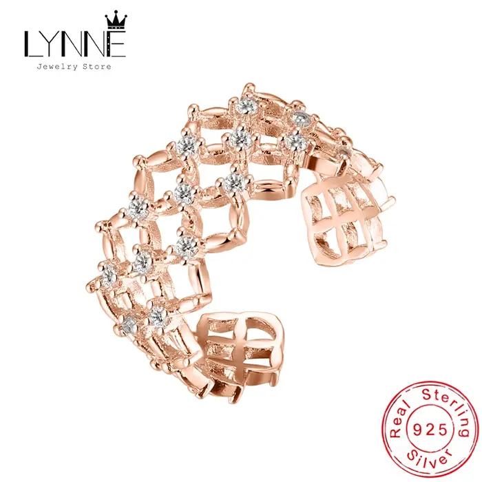 Mode créative maille caractéristiques 925 en argent Sterling redimensionnable anneaux femmes bijoux losange Net strass or Rose bague
