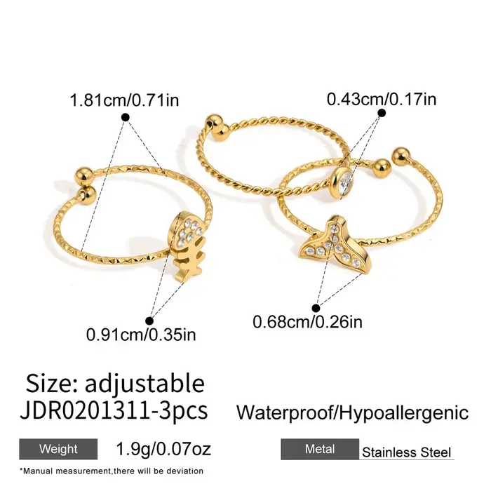 Ensemble de 3 bagues en acier inoxydable Ars plaqué or 18 carats, motif queue de poisson et arête de