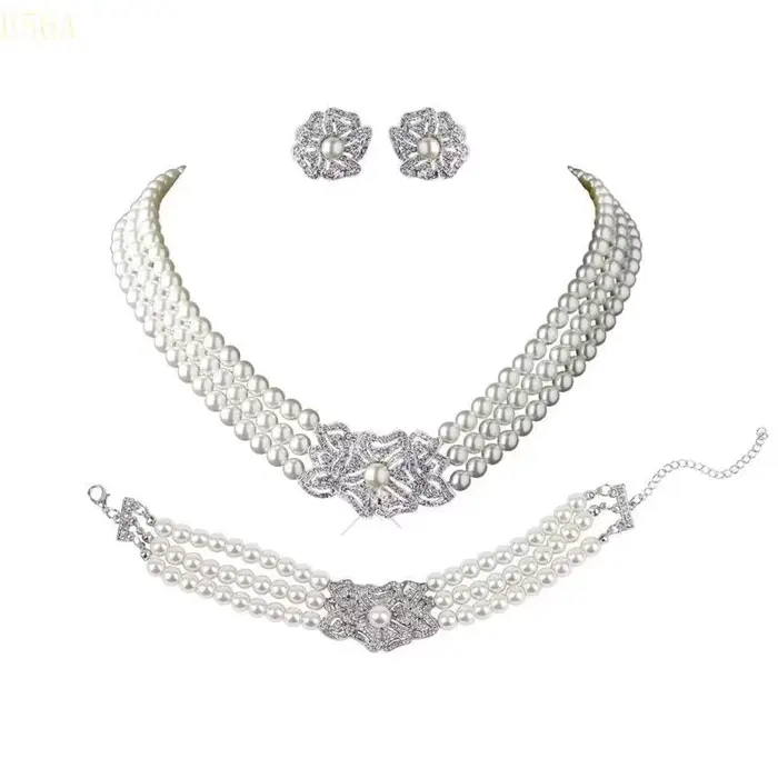 E56A Perles superbes bijoux en cristal avec boucles d'oreilles collier bracelet pour les femmes à mo