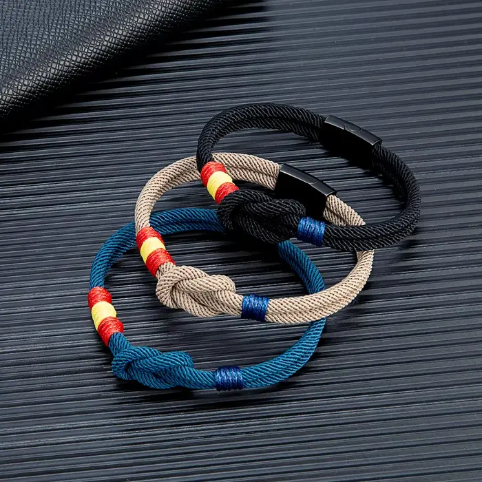 Bracelet drapeau espagnol – Corde double couche tissée à la main avec boucle magnétique en acier inoxydable noir, bijoux de couple pour hommes et femmes