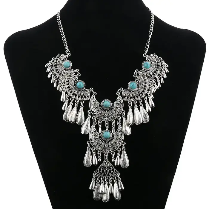 Colliers ethniques Vintage exagérés pour femmes, couleur argent Antique, goutte d'eau sculptée, pomp