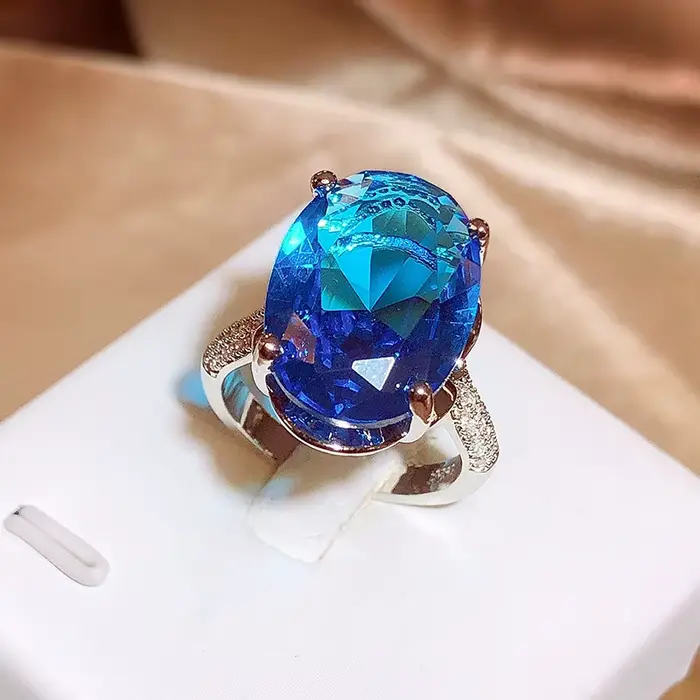 Bague ovale géométrique bleue classique pour fête de Banquet, ne se décolore pas, lumière de luxe, ouverture réglable, bijoux en argent Sterling 925 pour dames