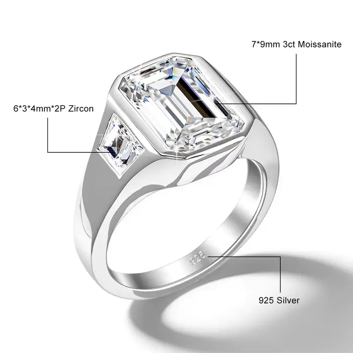 Bague signet en moissanite taille émeraude 7*9mm 3ct couleur D VVS1 en or rempli 14K Au585 pour homm
