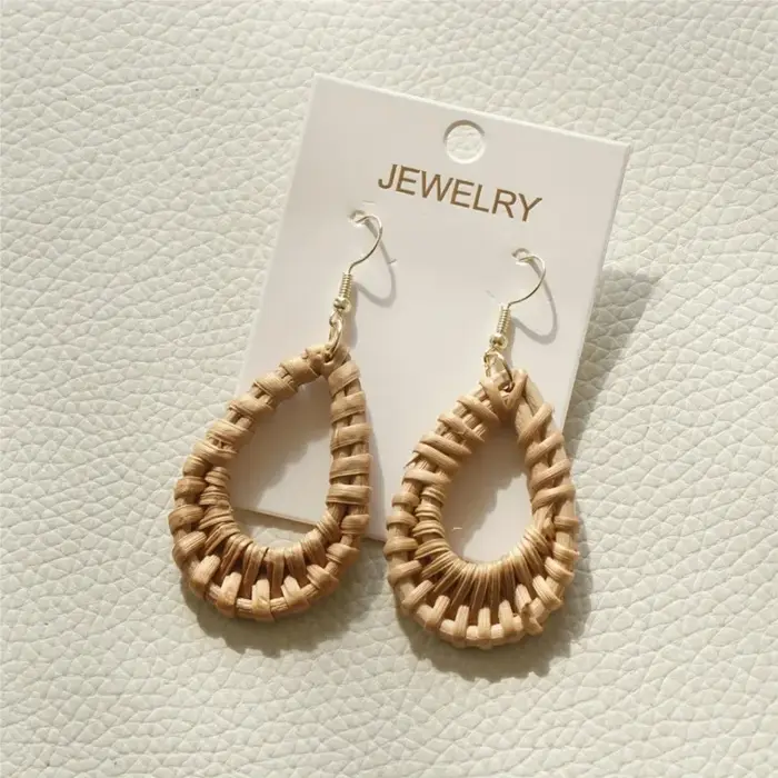 Boucles d'oreilles ovales creuses en rotin marron pour femmes