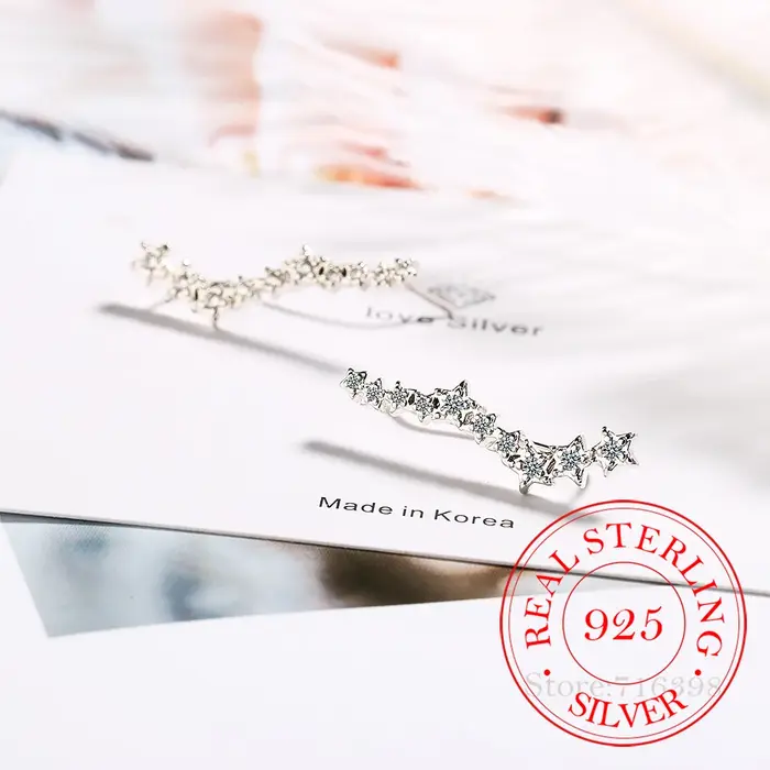 100% réel 925 en argent Sterling zircon cubique étoile oreille grimpeur boucles d'oreilles pour les femmes mignon