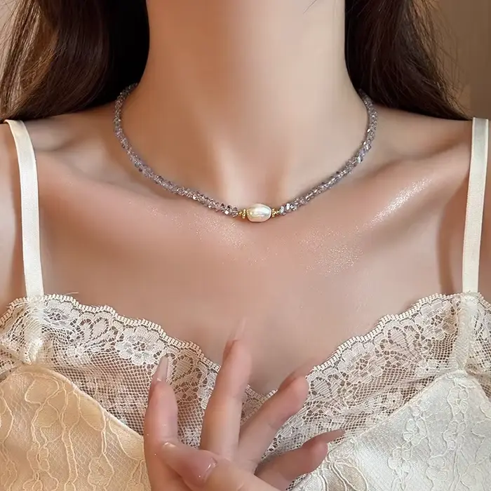 Collier de perles d'eau douce élégantes pour femmes, bijoux féminins remplis d'or 14 carats, perle et cristal naturels, cadeaux bon marché, nouvelle arrivée