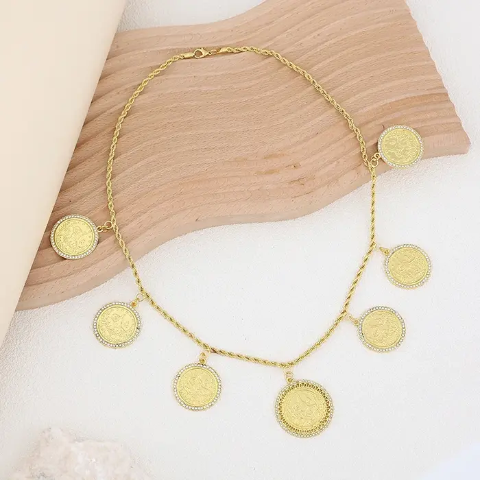 Collier marocain plaqué or avec strass et pièces de monnaie solides pour femmes occasions spéciales traditionnelles