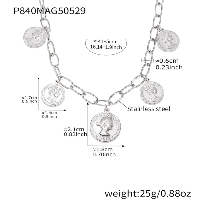 Collier pendentif rond à motif de tête de reine en acier inoxydable plaqué or 18 carats avec collier